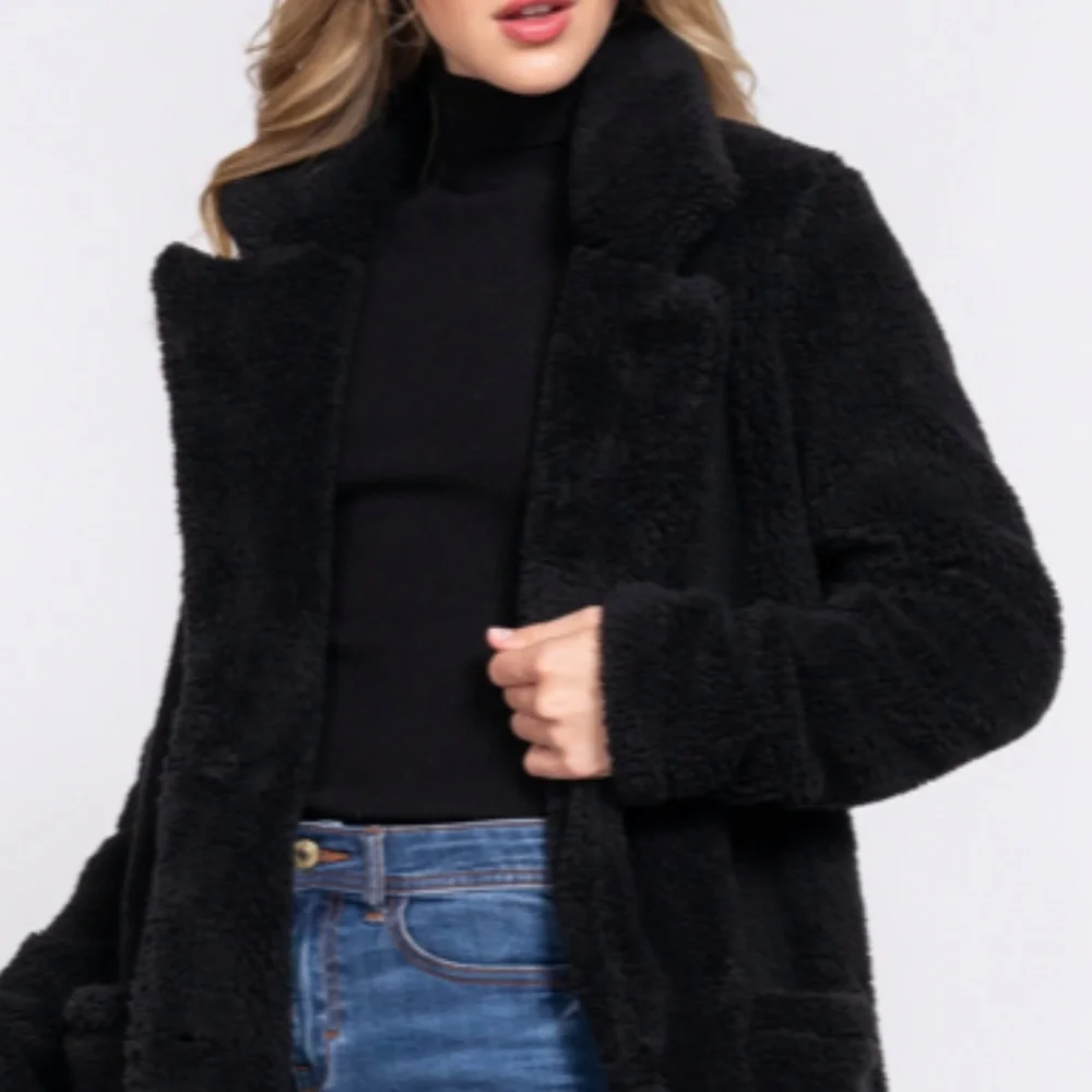 NEW Soft Faux Fur Notched Collar Patch Pocket Sherpa Coat- Button Front- S-M-L - Picture 5 of 9